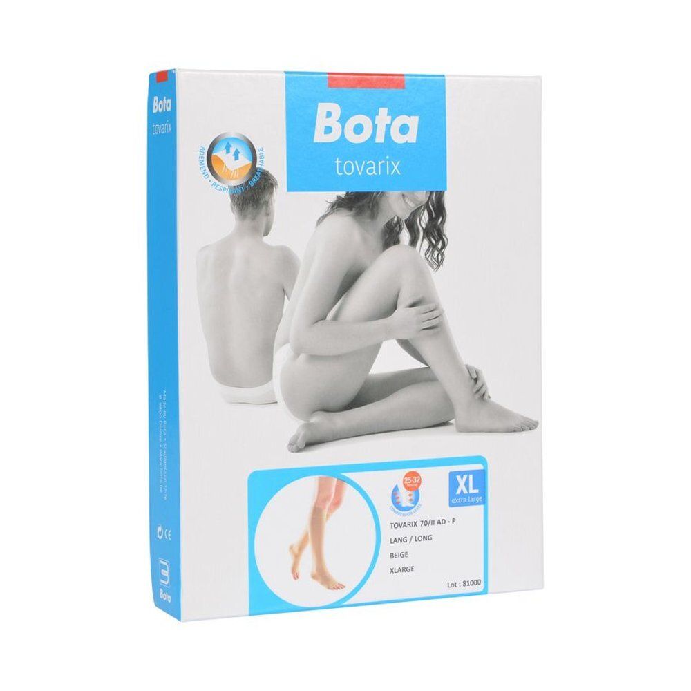 Boîte de bas de compression Bota Tovarix. Beige, taille XL. Illustration d'une femme et d'un homme.