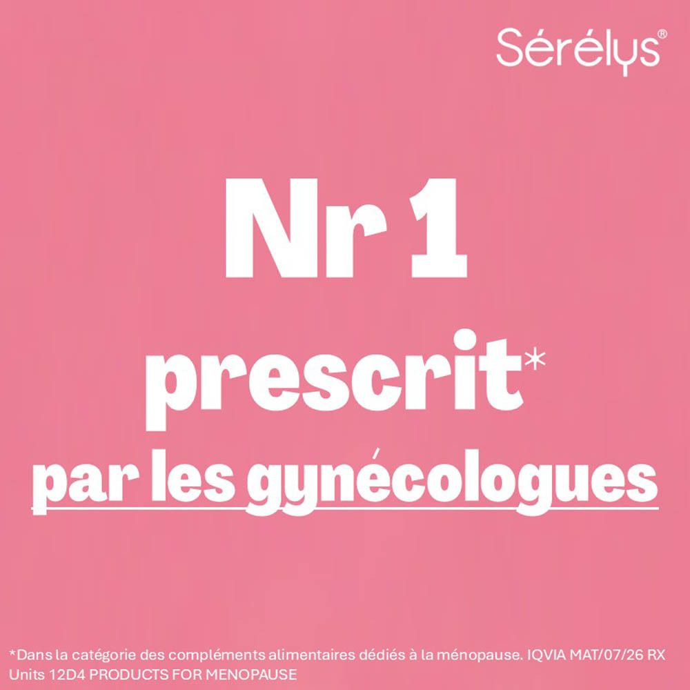 Sérélys Ménopause : "Cliniquement prouvé" réduction des bouffées de chaleur, sueurs nocturnes, irritabilité.