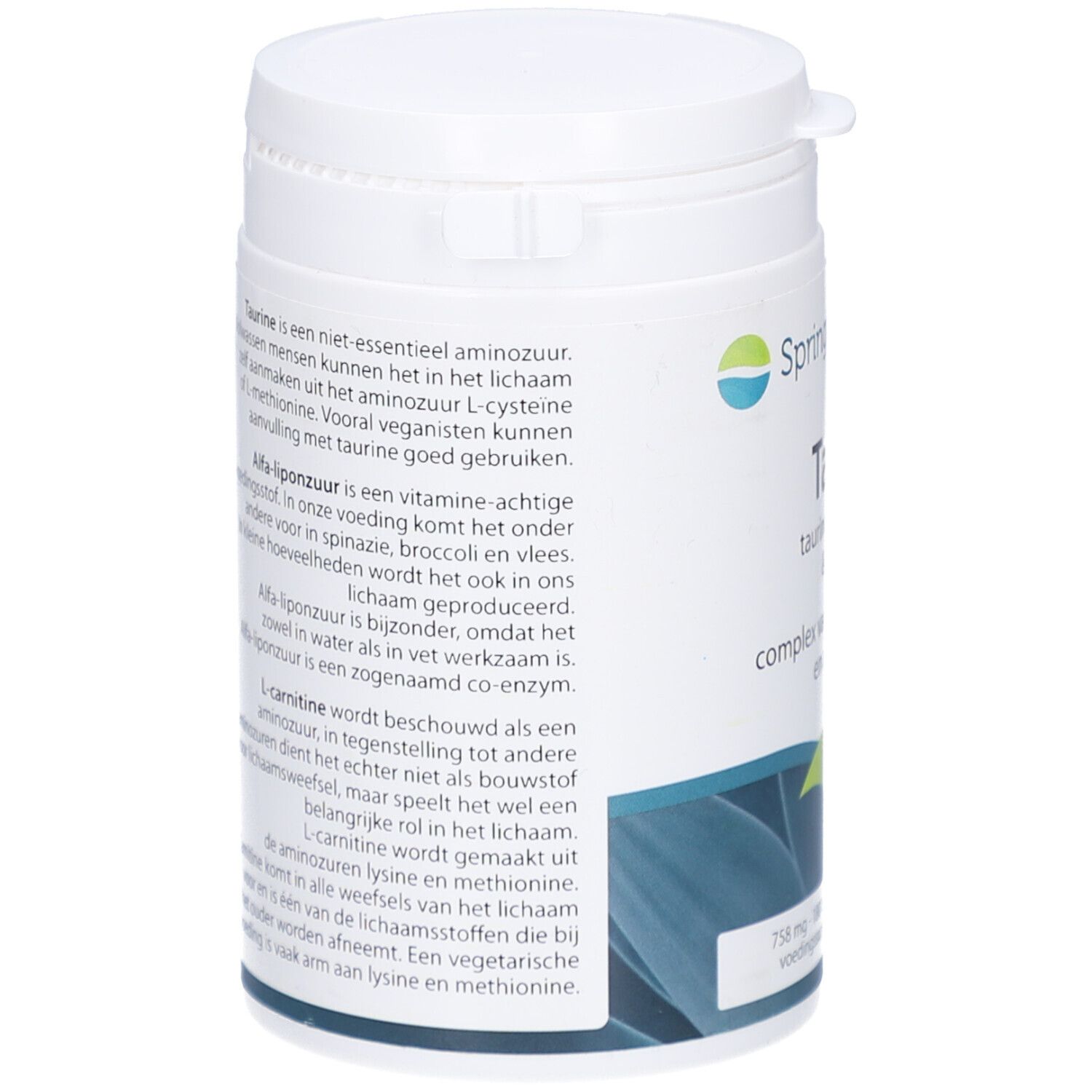 Dos du flacon de complément alimentaire blanc. Informations textuelles sur les ingrédients, le dosage et le fabricant. Contient 148 grammes.