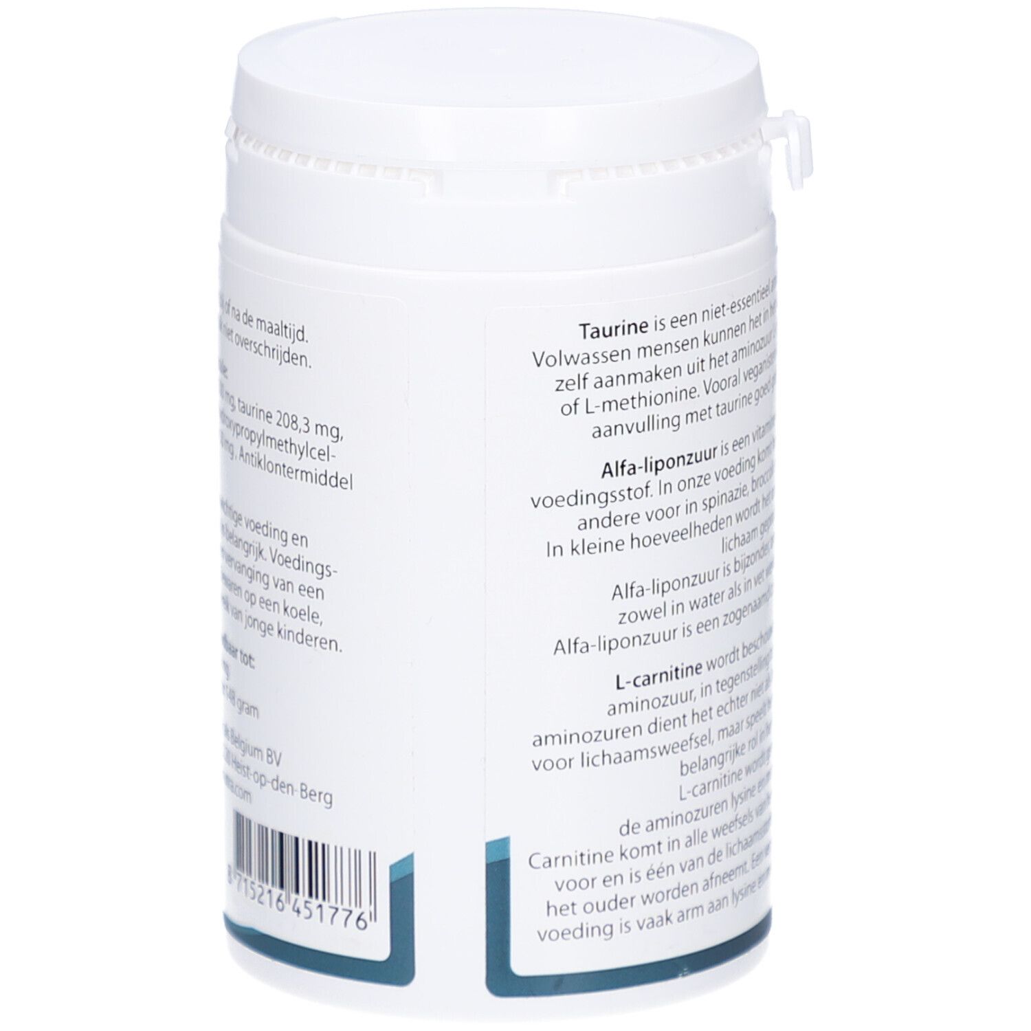 Vue latérale du flacon de complément alimentaire blanc. Informations textuelles sur les ingrédients et le fabricant. Avec code-barres.