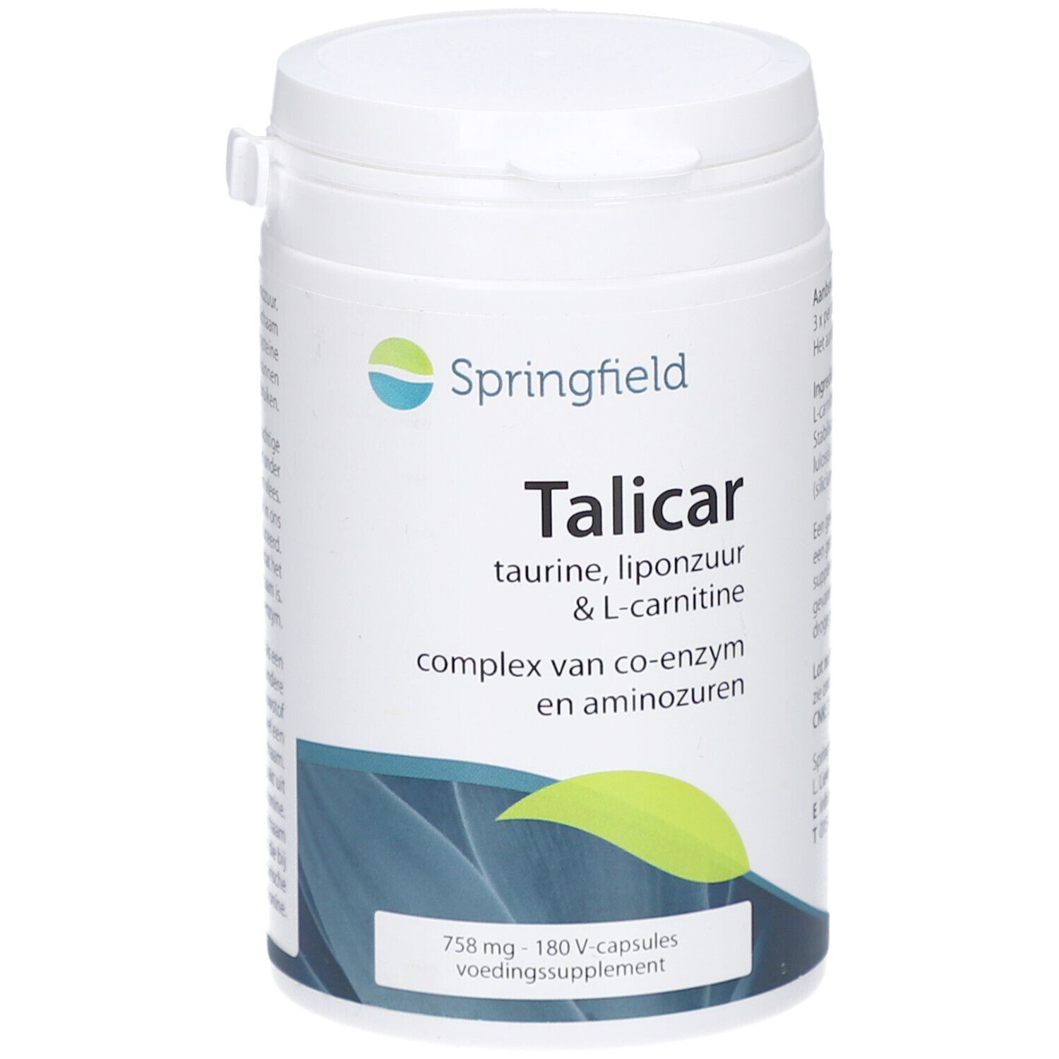 Flacon blanc cylindrique de complément alimentaire avec couvercle. Inscription : Springfield Talicar, taurine, L-carnitine. Contient 180 gélules.