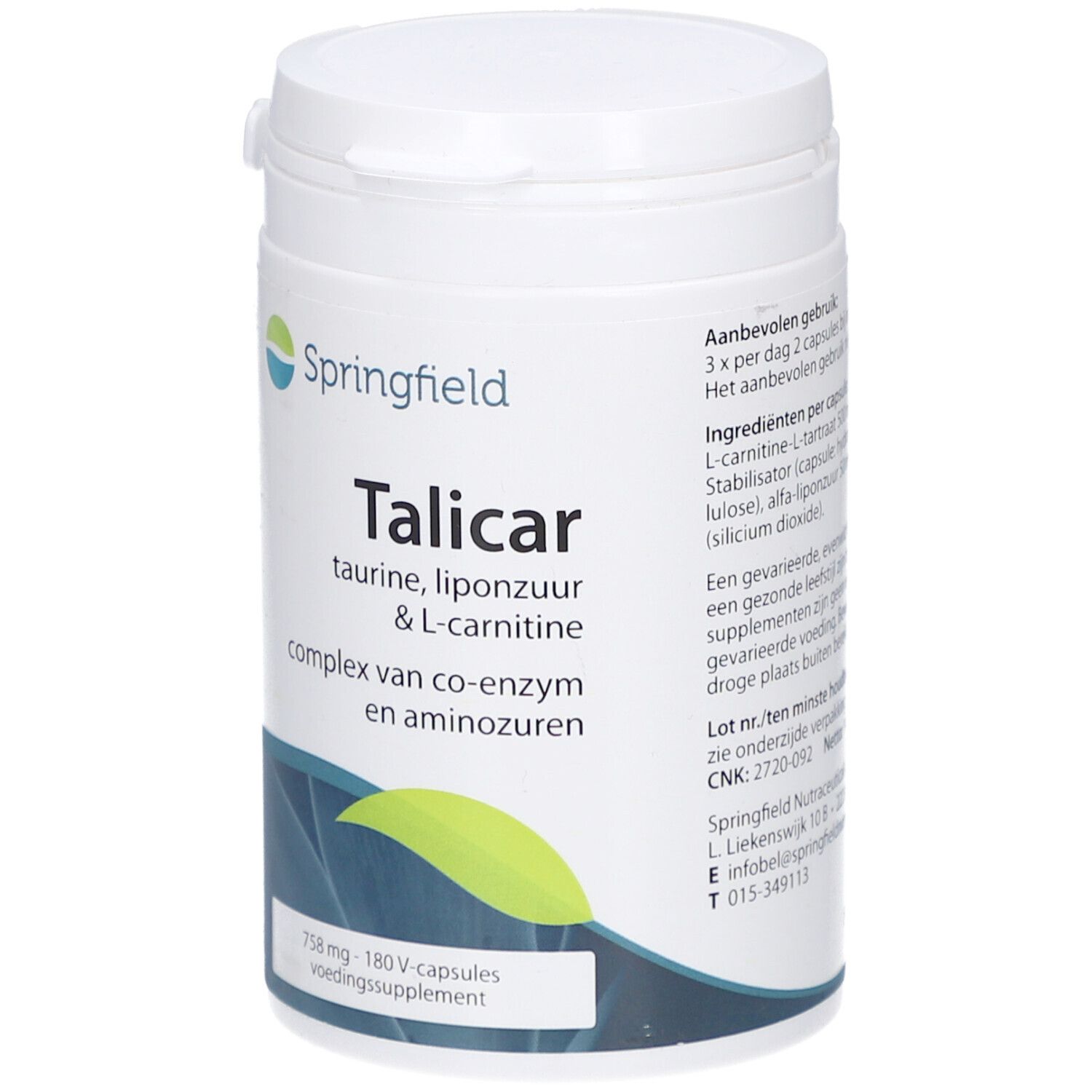 Flacon blanc cylindrique de complément alimentaire avec couvercle. Inscription : Springfield Talicar, taurine, L-carnitine. Contient 180 gélules.