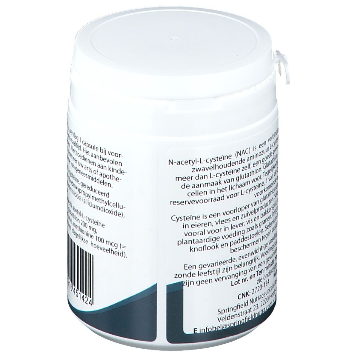 Boîte blanche, dos avec texte. Contient informations sur les ingrédients et l'utilisation. Code-barres en bas.