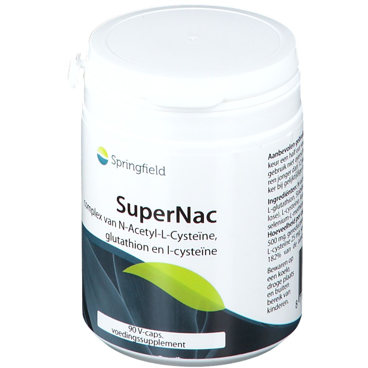 Boîte blanche avec couvercle. Inscription: Springfield SuperNac. Contient 90 V-Caps. Design feuille vert-jaune.