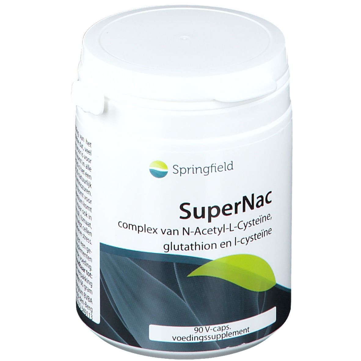 Boîte blanche avec couvercle. Inscription: Springfield SuperNac. Contient 90 V-Caps. Design feuille vert-jaune.