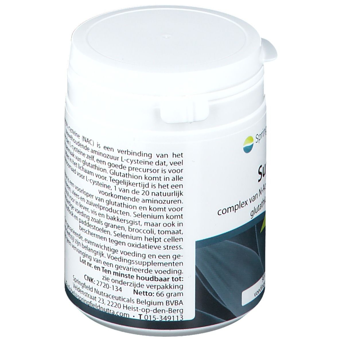 Boîte blanche, dos avec texte. Contient informations sur les ingrédients et l'utilisation. Logo Springfield.