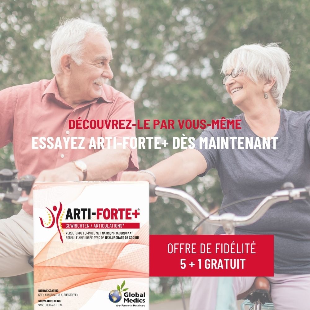 Emballage Arti-Forte+ montrant des comprimés et indiquant l'absence de colorants artificiels.