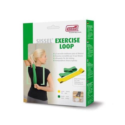 Emballage Sissel Exercise Loop. Femme en démonstration. Bandes verte et jaune. Texte: Exercise Loop, Sissel.