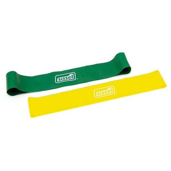 Deux Sissel Exercise Loops. Vert et jaune. Logo Sissel. Forme plate et rectangulaire.