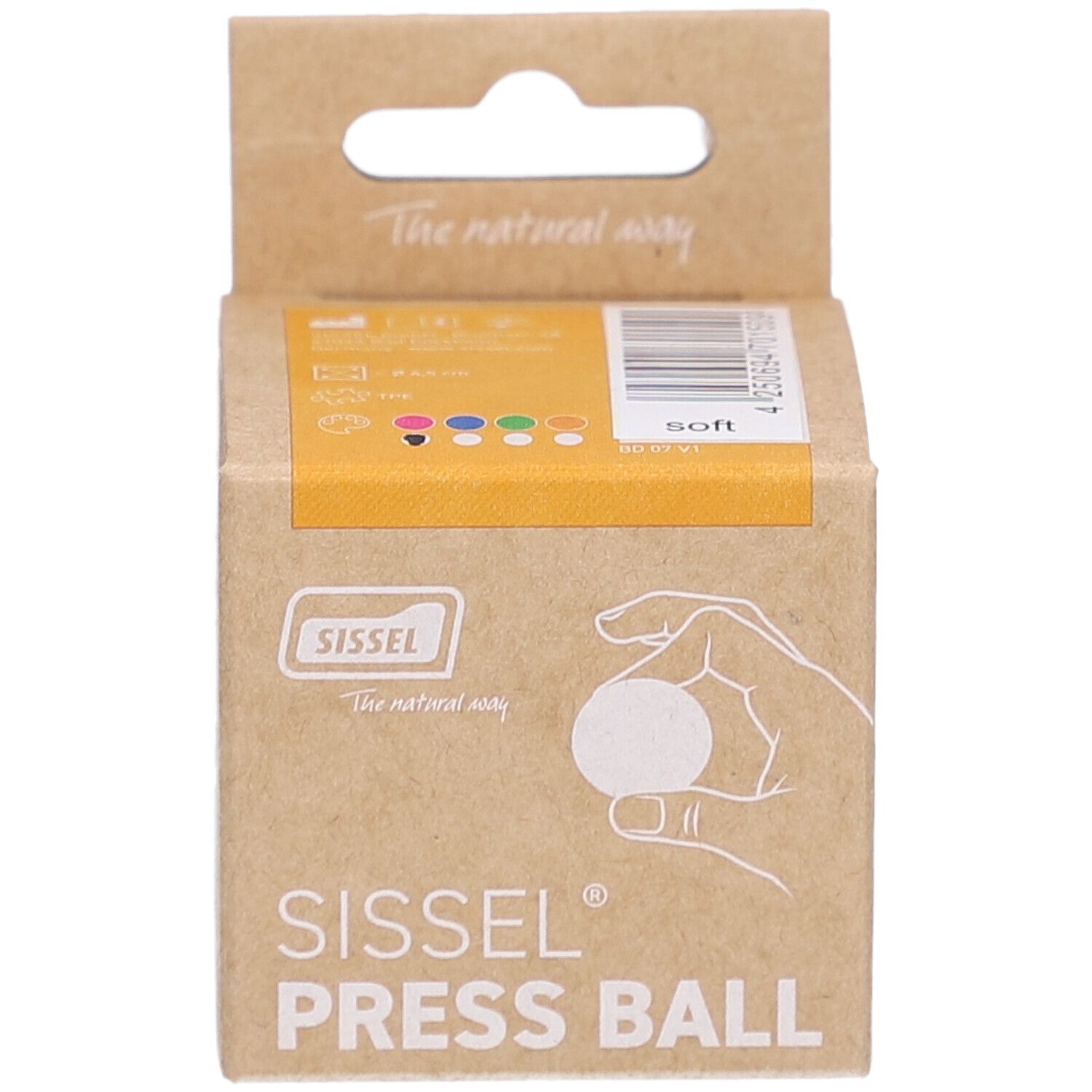 Emballage en carton pour Sissel Press-Ball. Inscriptions: Sissel, Press Ball, main avec balle, couleurs, Soft.