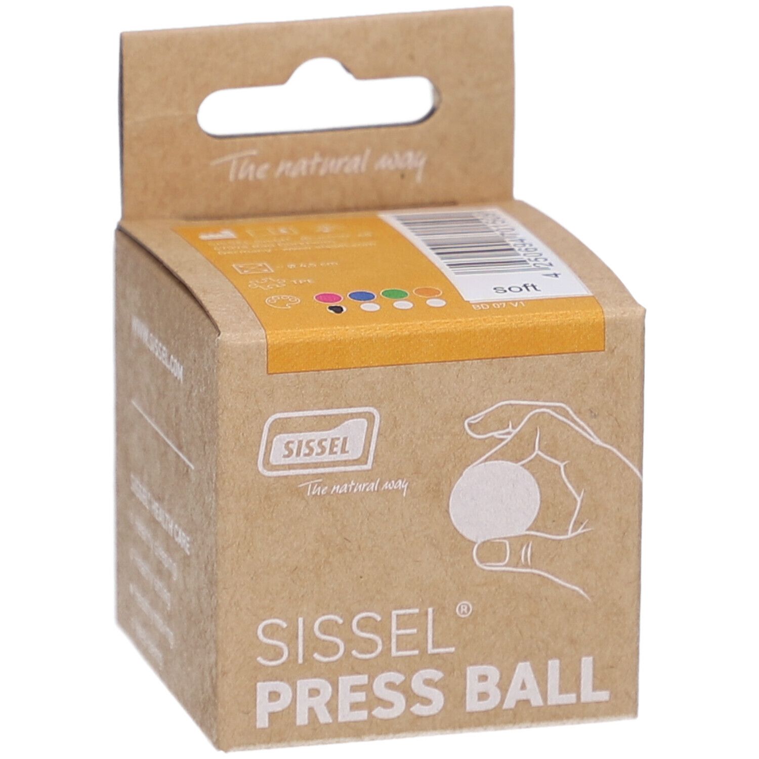 Emballage en carton pour Sissel Press-Ball. Inscriptions: Sissel, Press Ball, main avec balle, couleurs, Soft.
