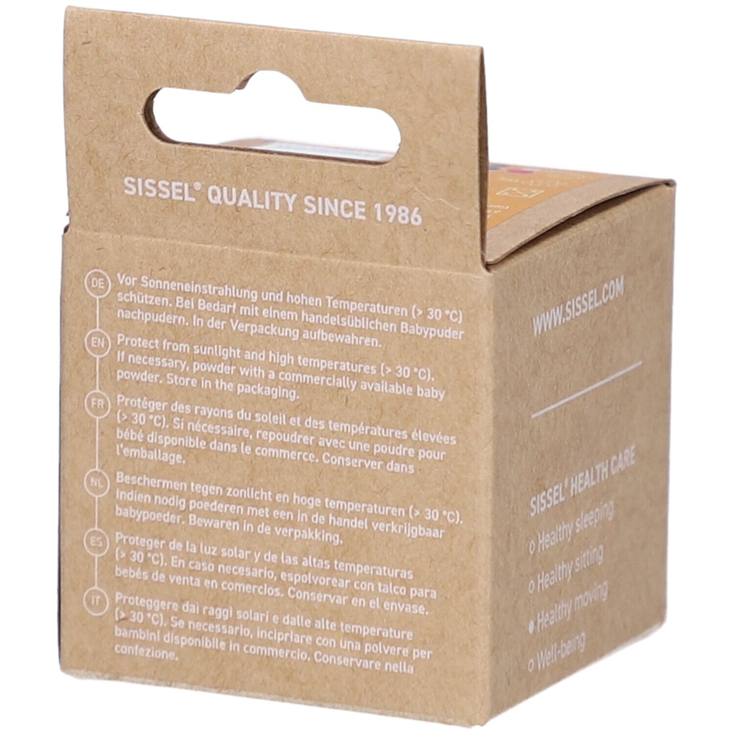 Emballage en carton Sissel Press Ball. Inscription: Sissel Quality Since 1986, avertissements multilingues.