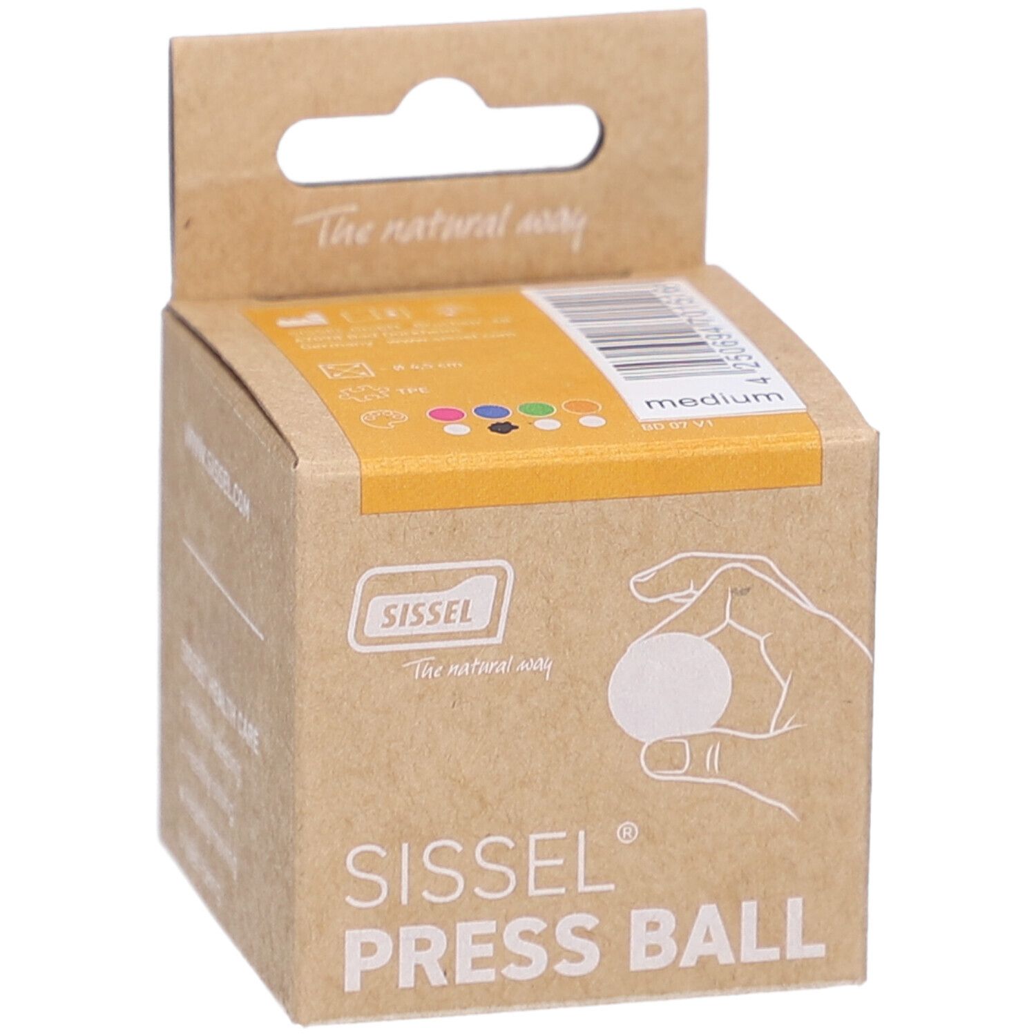 Emballage en carton Sissel Press Ball. Inscription: Sissel, Press Ball, main tenant une balle. Couleurs: jaune, noir, bleu, vert, rouge, blanc, orange. Medium.