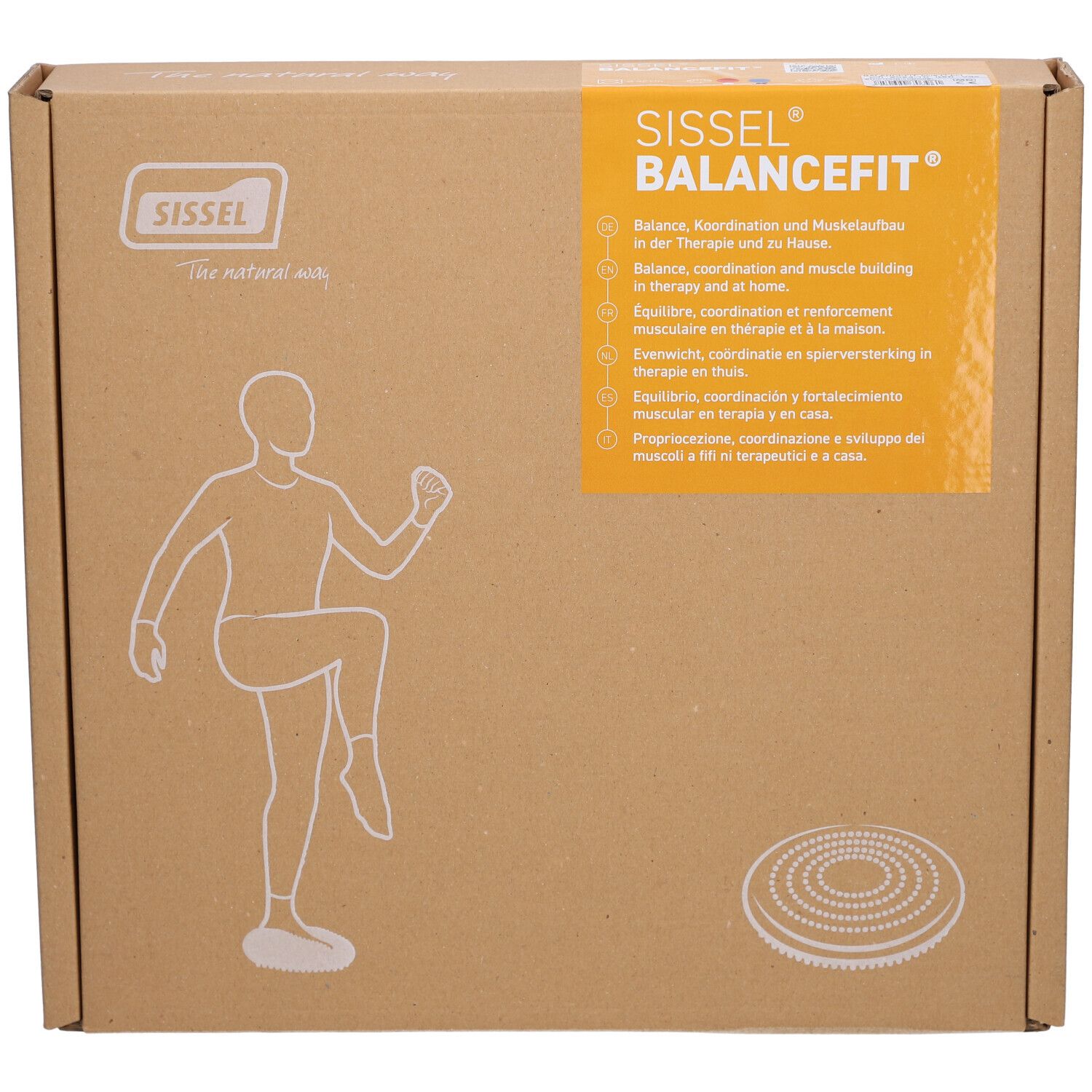 Emballage en carton brun. Nom et marque visibles. Illustration d'une personne sur l'appareil.