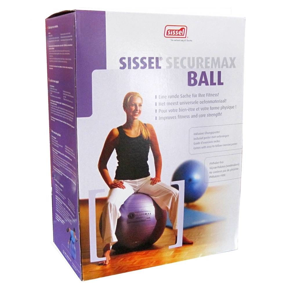 Boîte Sissel Securemax Ball. Femme assise sur ballon violet. Texte: Securemax Ball, fitness, force du tronc.
