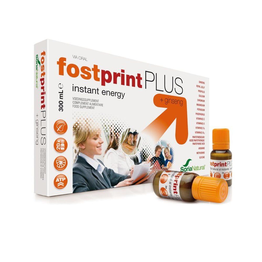 Boîte et flacons Fostprint Plus + ginseng. Flacons avec bouchons orange. Texte: Fostprint Plus + Ginseng, 300 ml.