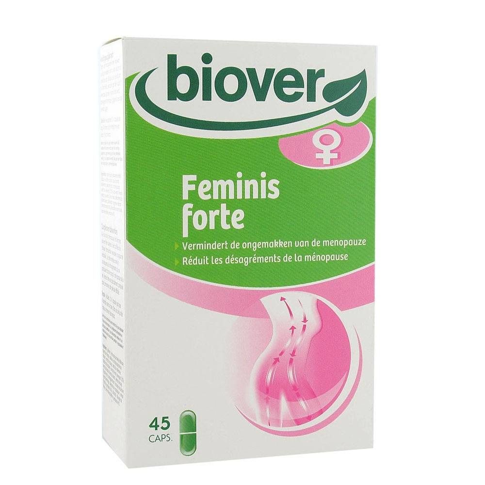 Boîte de Biover Feminis Forte. Carton blanc avec zone verte et nom du produit. Contient 45 capsules.