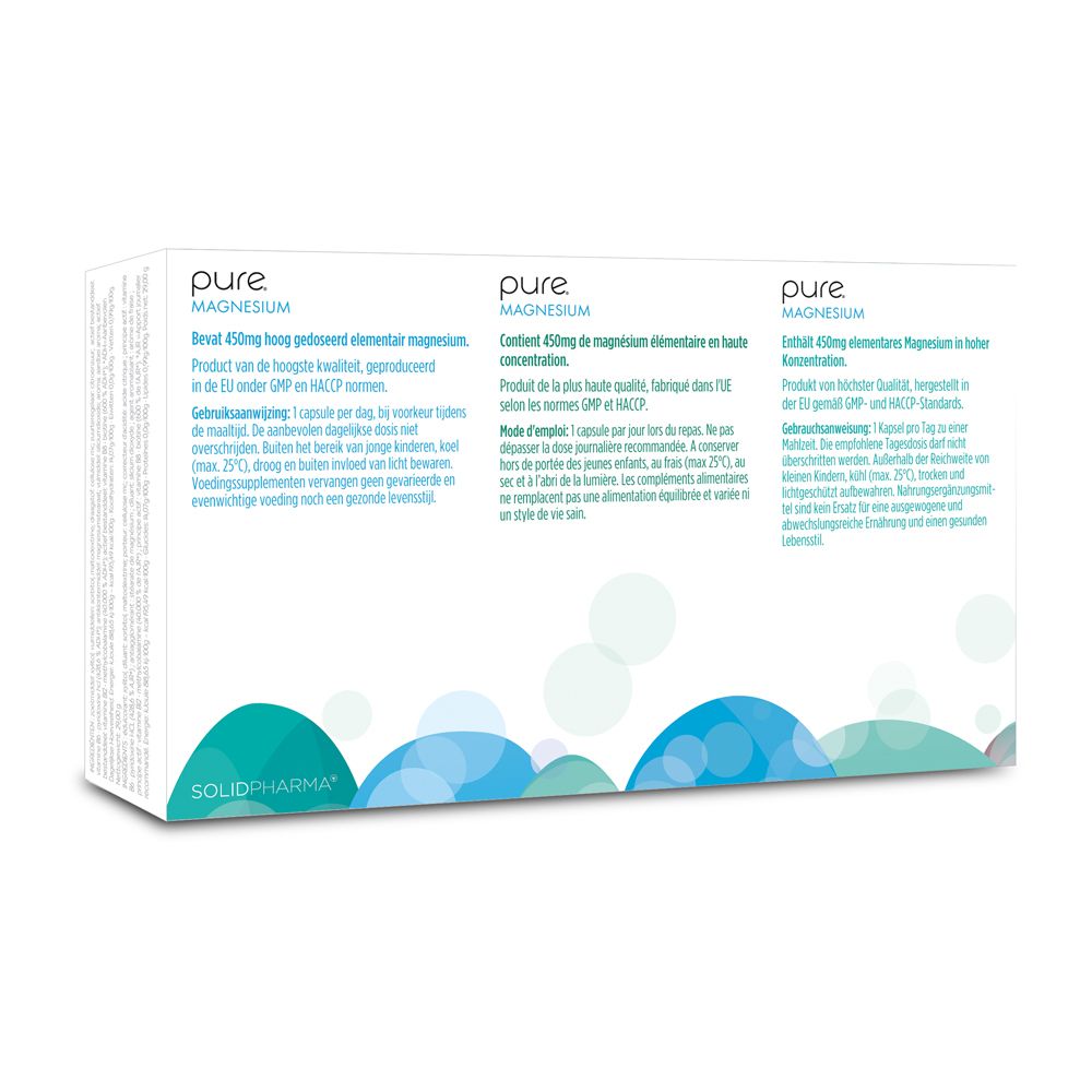 Dos de l'emballage "pure Magnesium". Texte en néerlandais, français et allemand.
