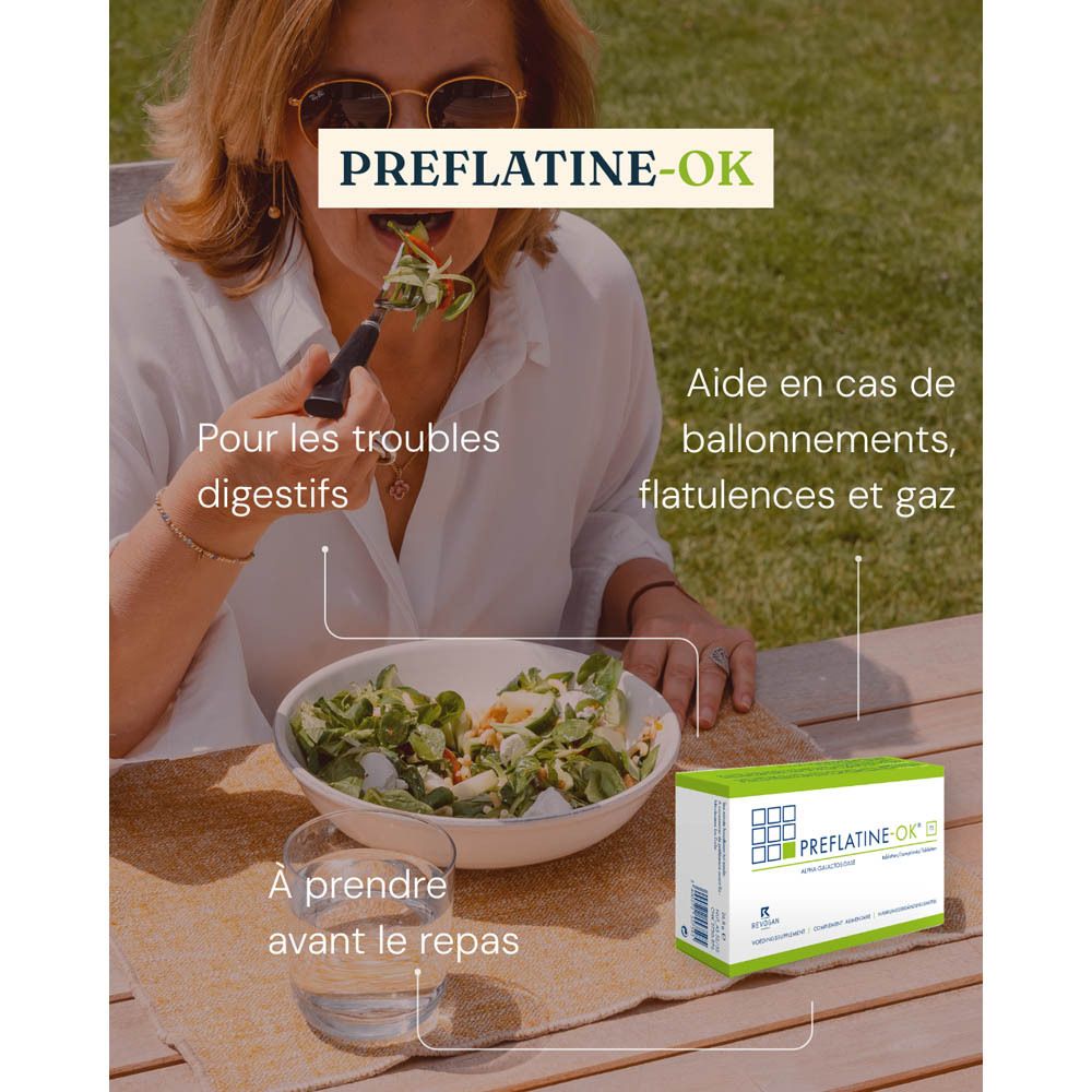 Femme mange une salade. Emballage du produit en arrière-plan. Texte : Aide en cas de troubles digestifs.