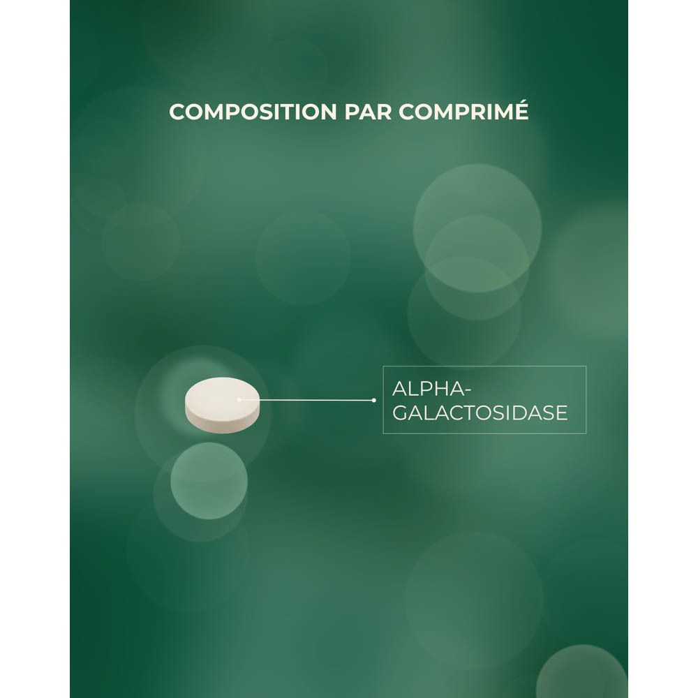 Graphique avec comprimé et texte : Composition par comprimé. Contient de l'alpha-galactosidase.