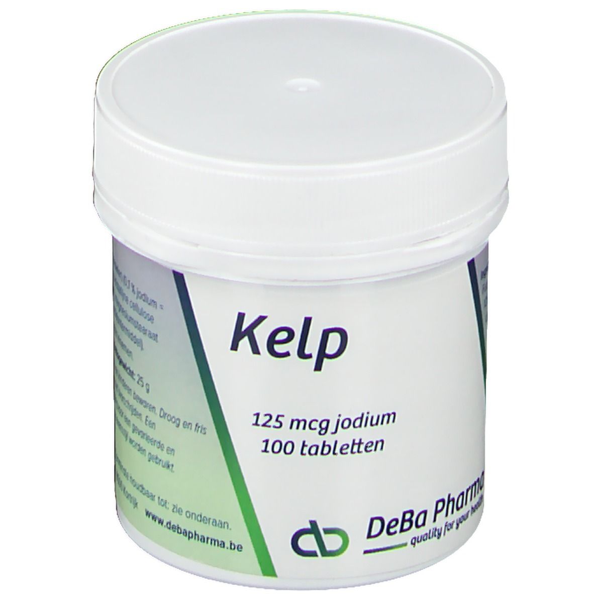 Pot blanc avec étiquette verte. Inscription: Kelp, 125 mcg iode, 100 comprimés. Logo DeBa Pharma.