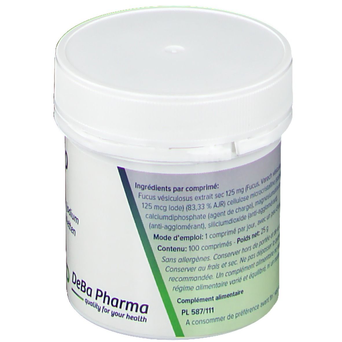 Pot blanc. Dos avec ingrédients et mode d'emploi. Logo DeBa Pharma.