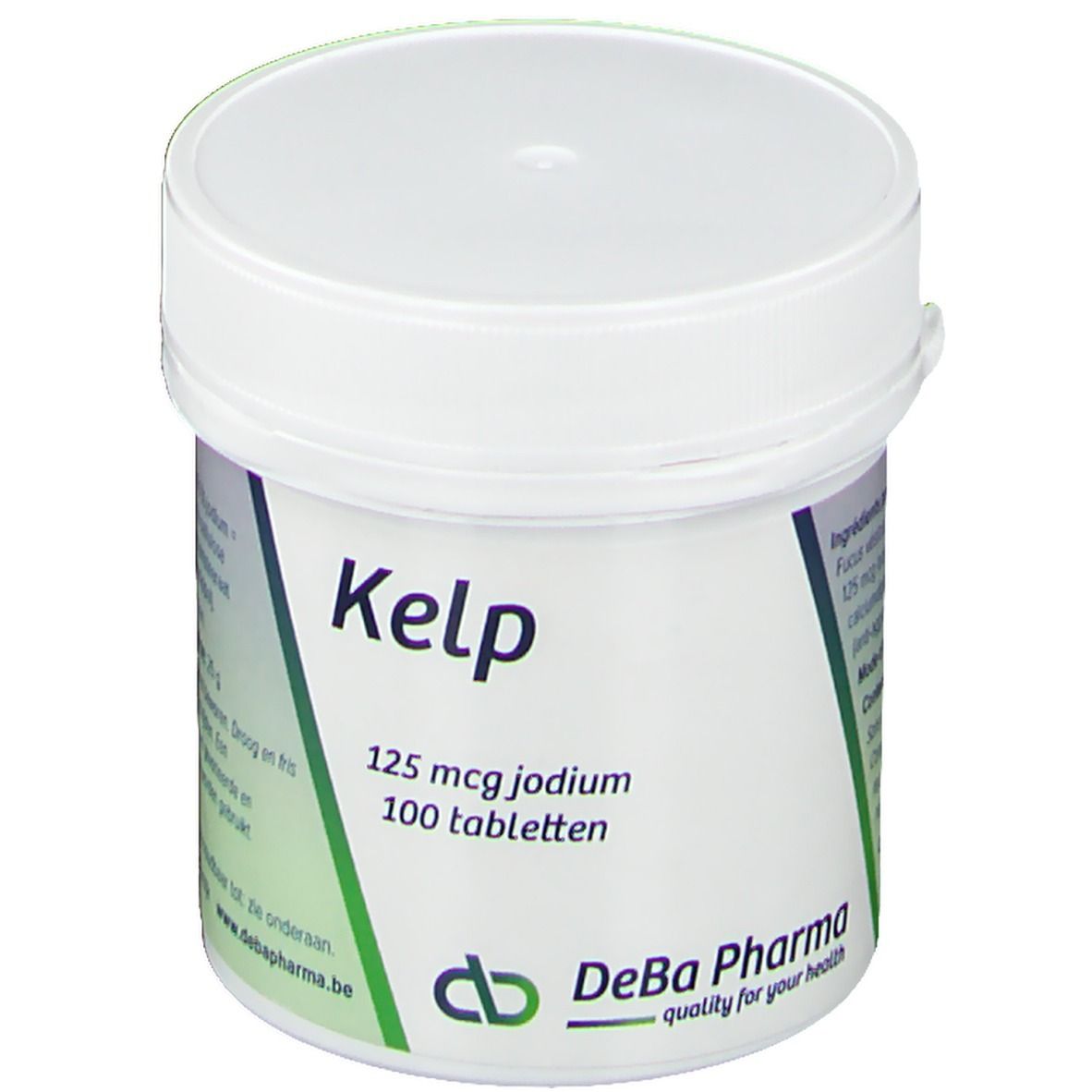 Pot blanc avec étiquette verte. Inscription: Kelp, 125 mcg iode, 100 comprimés. Logo DeBa Pharma.