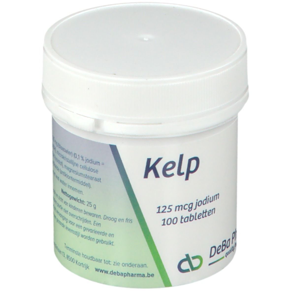 Pot blanc avec étiquette verte. Inscription: Kelp, 125 mcg iode, 100 comprimés. Logo DeBa Pharma.