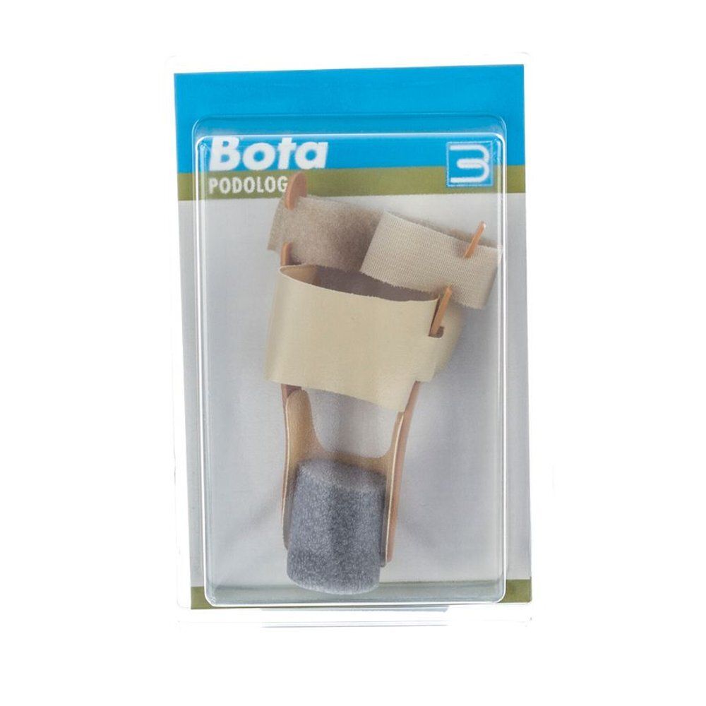 Orthèse de pied en emballage blister. Nom du produit 'Bota' visible. Orthèse beige et marron clair en plastique et textile.