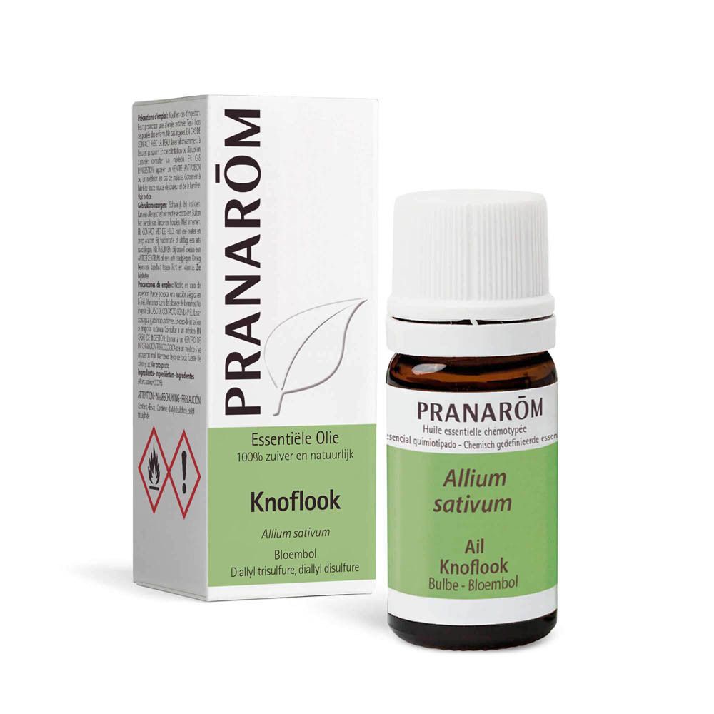 Flacon brun et boîte blanche. Boîte: PRANAROM, Essentiele Olie, Knoflook, Allium sativum.