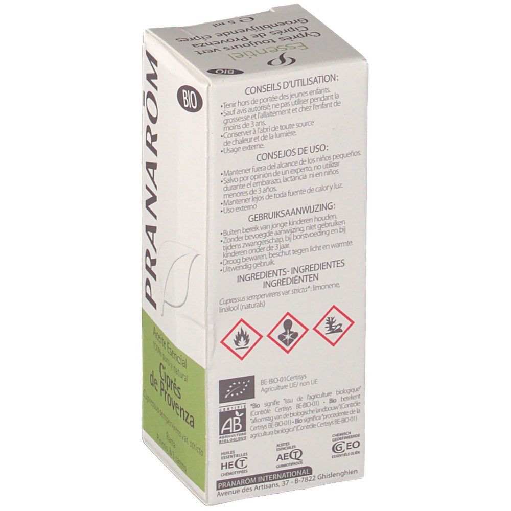 Boîte en carton avec informations produit et avertissements. Texte multilingue. Logo bio et certifications.