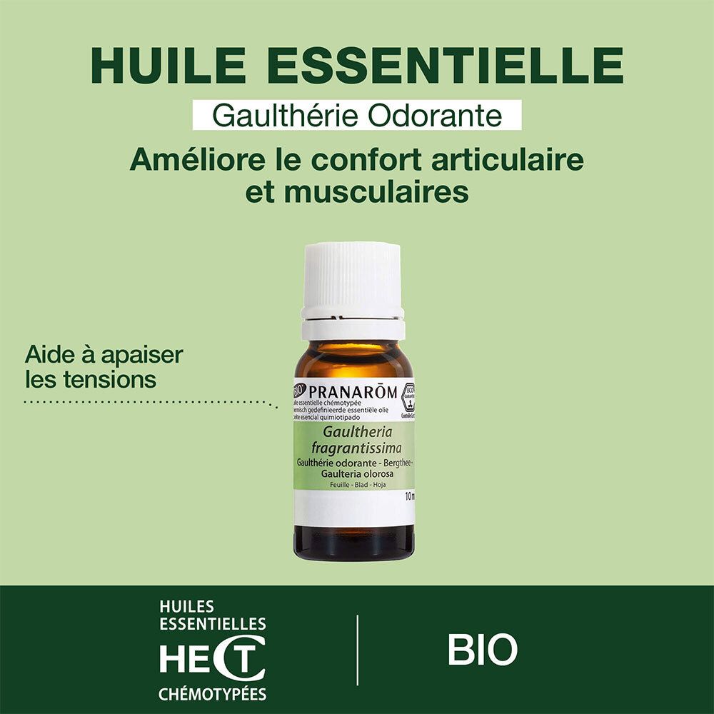 Flacon en verre brun avec bouchon blanc et étiquette. Contient de l'huile essentielle. Inscription : PRANAROM, BIO.