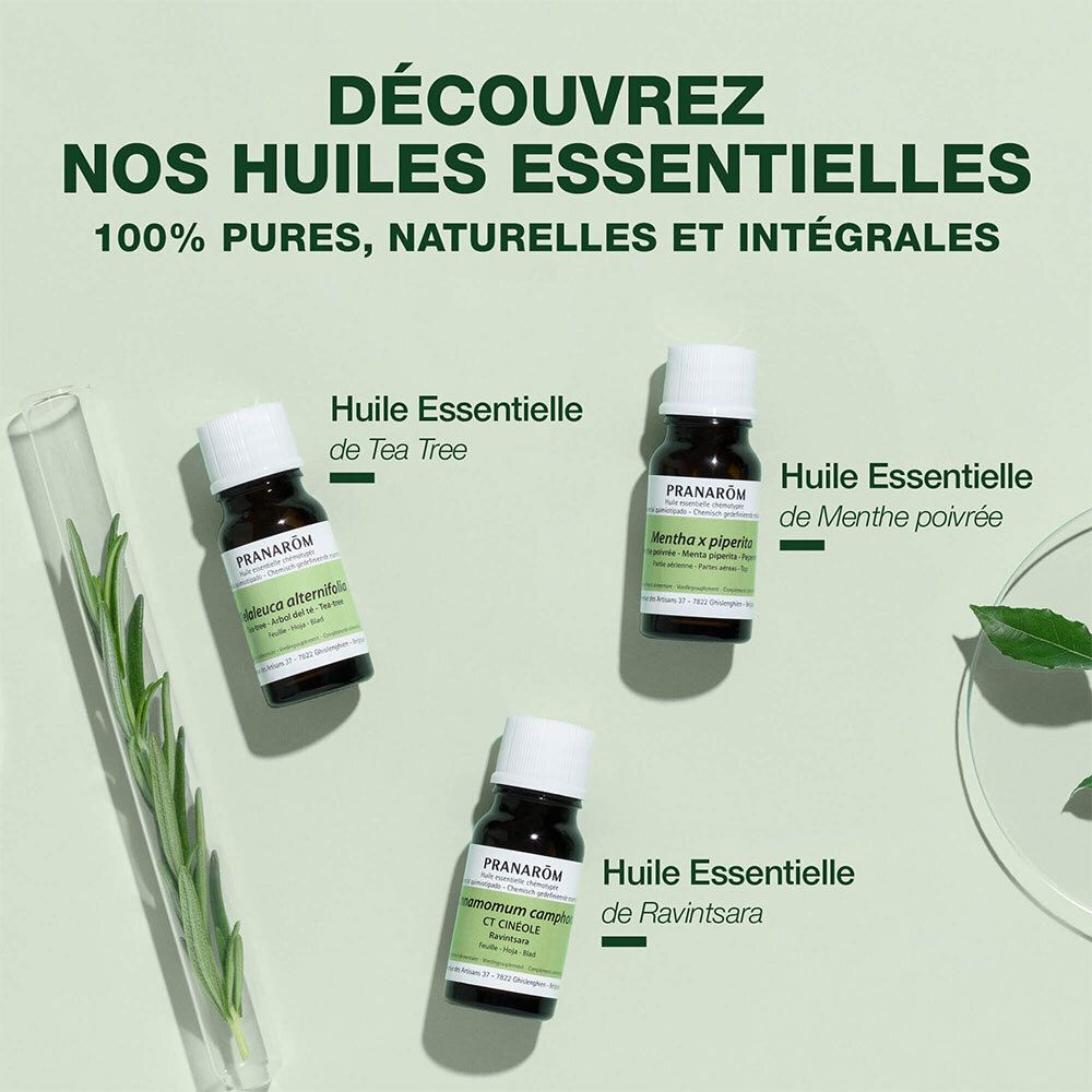 Flacon en verre brun avec bouchon blanc et étiquette. Contient de l'huile essentielle. Inscription : 10 ml, date de péremption.
