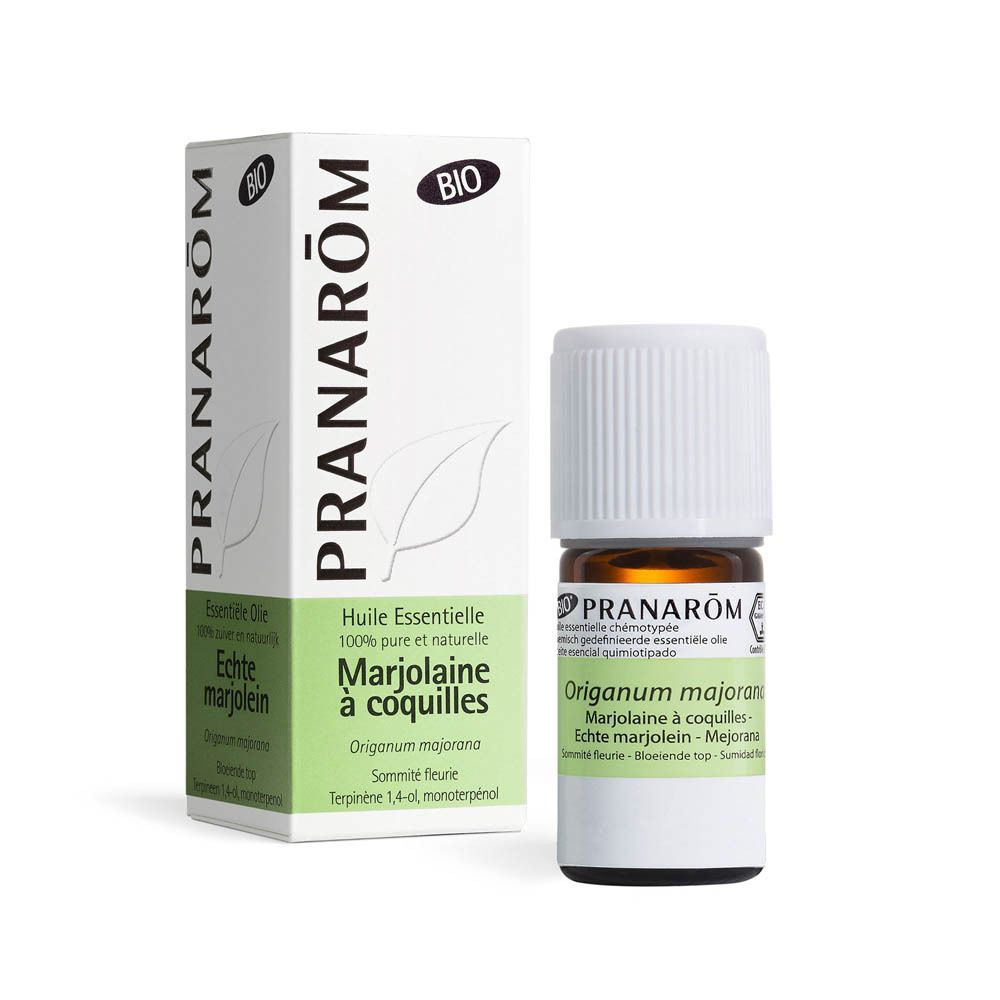 Emballage et flacon. Emballage: PRANAROM, Marjolaine à coquilles, Bio. Flacon: Orig. majorana.