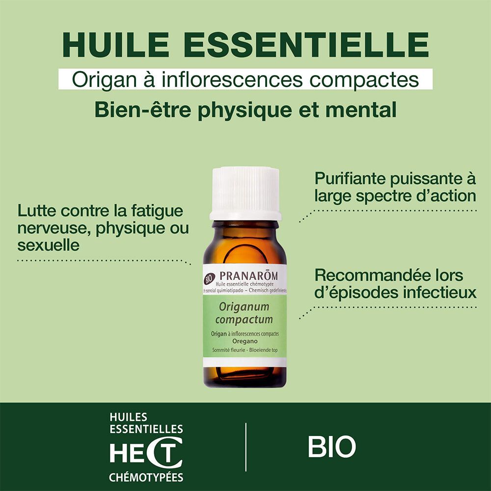 Flacon en verre brun avec bouchon blanc. Étiquette avec nom du produit. Label bio. Origan.