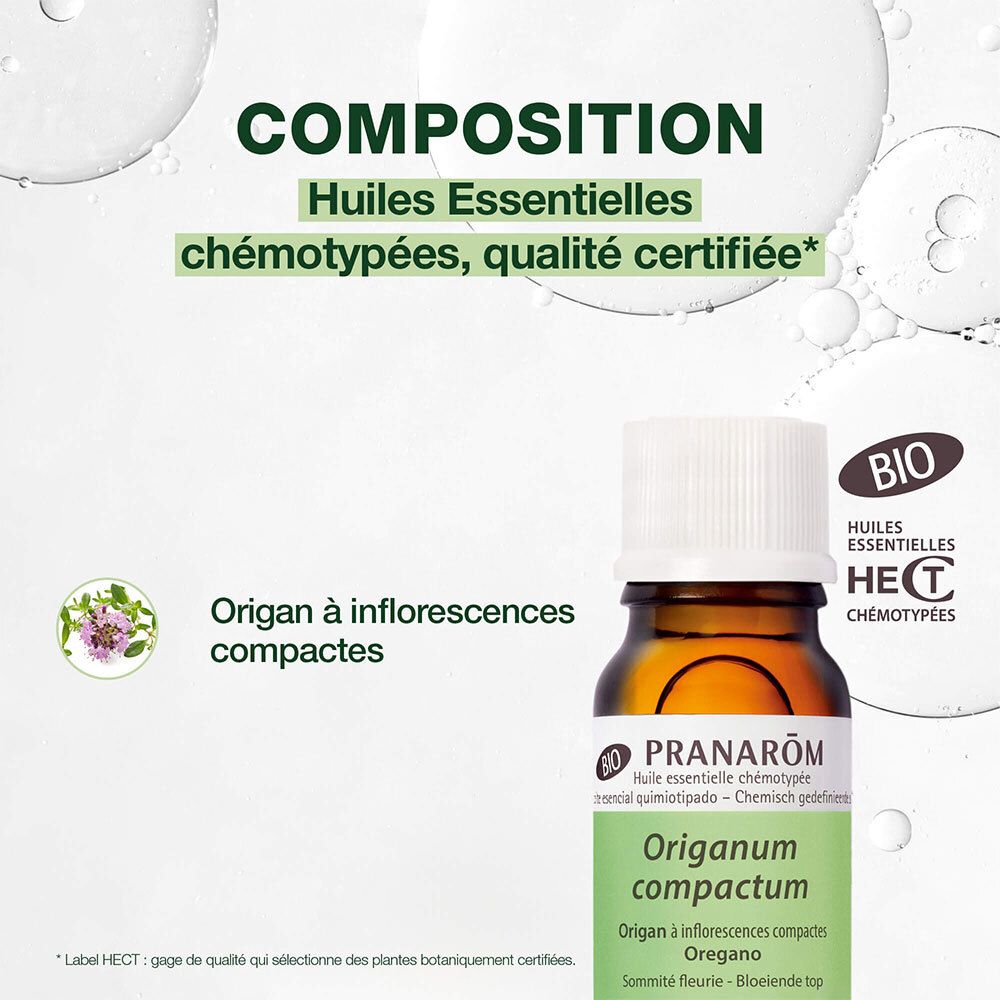 Flacon en verre brun avec bouchon blanc. Étiquette avec nom du produit. Label bio. 10 ml. Expiration.