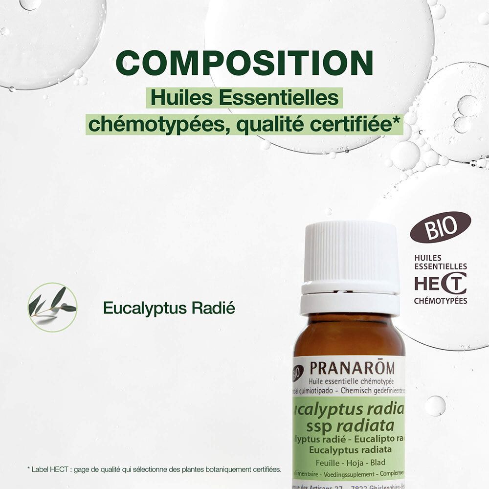 Flacon en verre brun. Inscription: PRANAROM, Eucalyptus Radié. Certification BIO. Texte sur la composition.