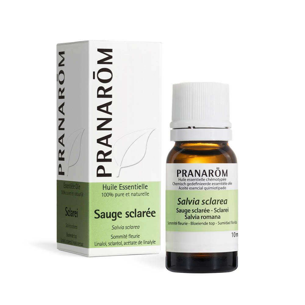 Emballage et flacon. Boîte blanche avec bande verte. Logo PRANAROM. Label « BIO ». Flacon avec étiquette.