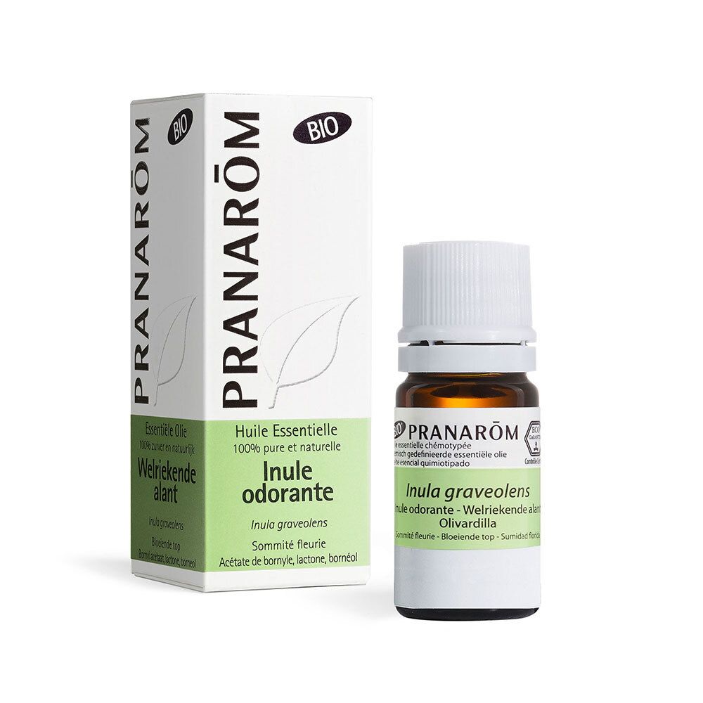 Flacon et boîte PRANAROM. Huile essentielle Inule odorante. Ingrédients et certification BIO visibles.