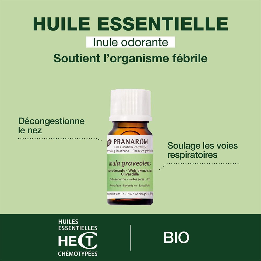 Flacon d'huile essentielle Inule odorante. Soutient l'organisme fébrile. Décongestionne le nez.