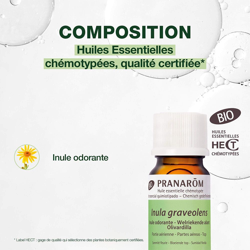 Flacon d'huile essentielle Inule odorante. Qualité certifiée. Certification BIO visible.