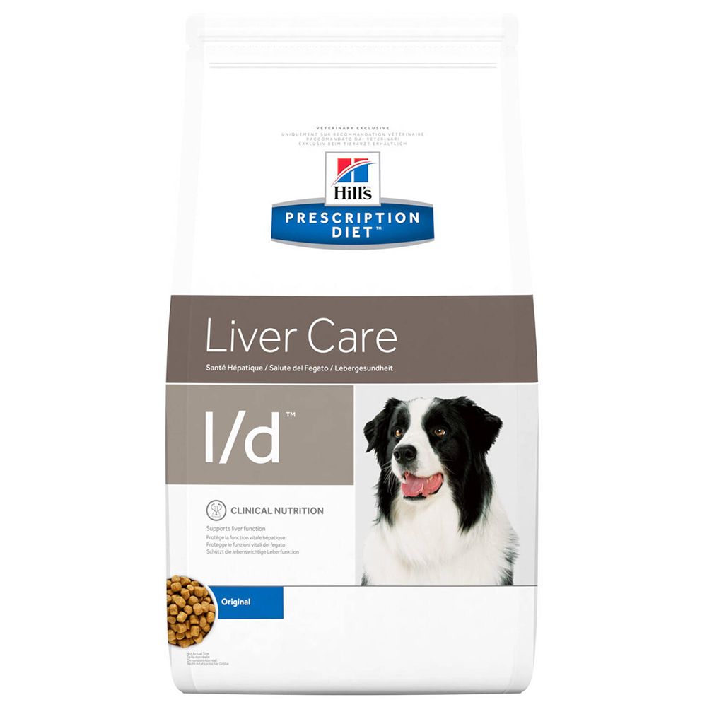 Sac de nourriture pour chiens Hills Prescription Diet l/d. Emballage blanc avec nom du produit et photo de chien. "Liver Care" et "Original" visibles.