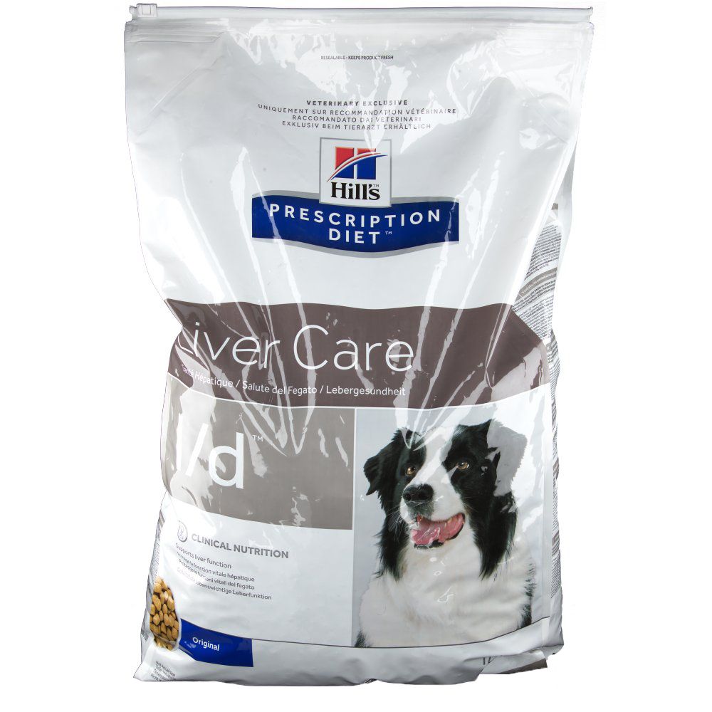 Sac de nourriture pour chiens Hills Prescription Diet l/d. Emballage blanc avec nom du produit et photo de chien. "Liver Care" et "Original" visibles.