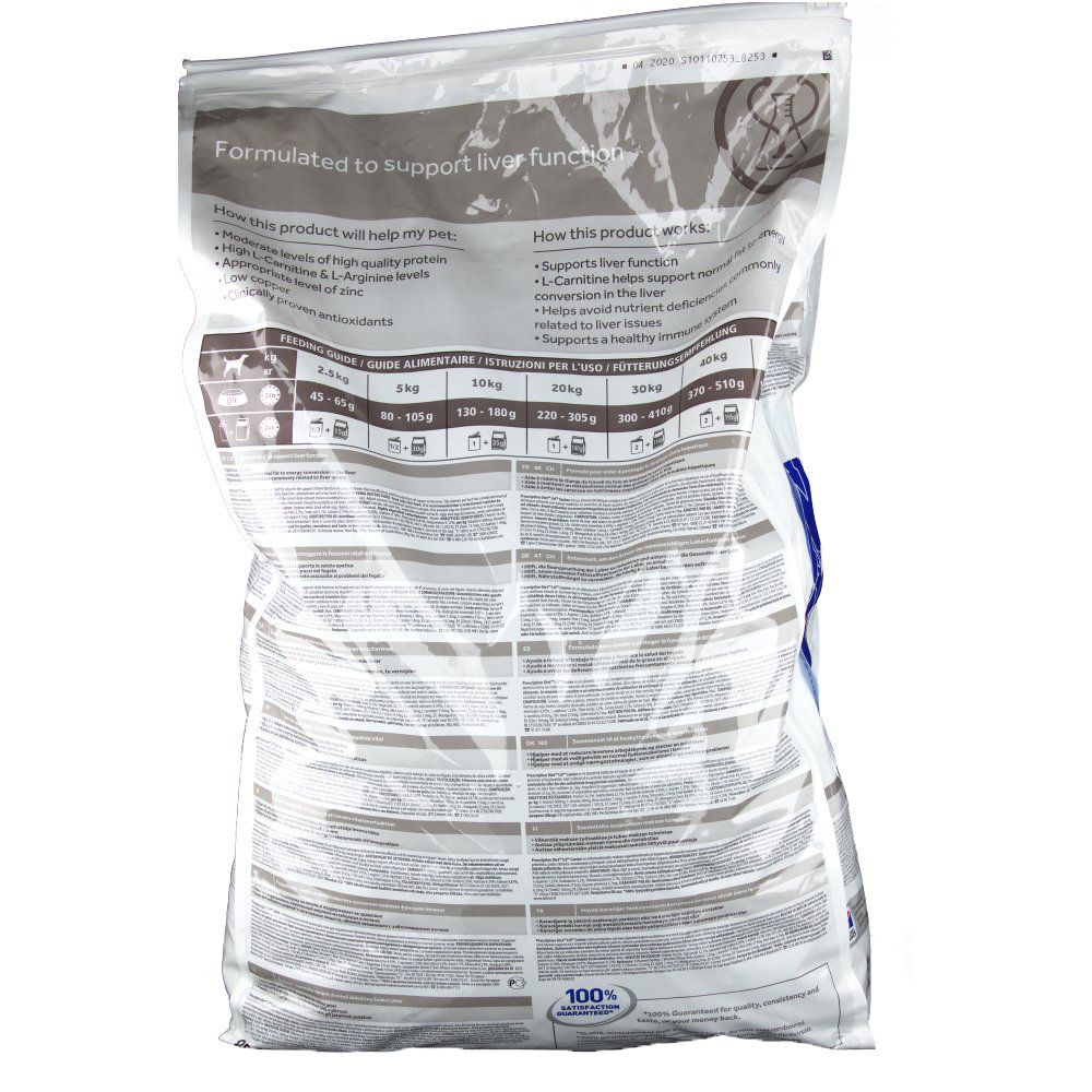 Dos du sac Hills Prescription Diet l/d. Texte en plusieurs langues. Informations sur le soutien de la fonction hépatique.