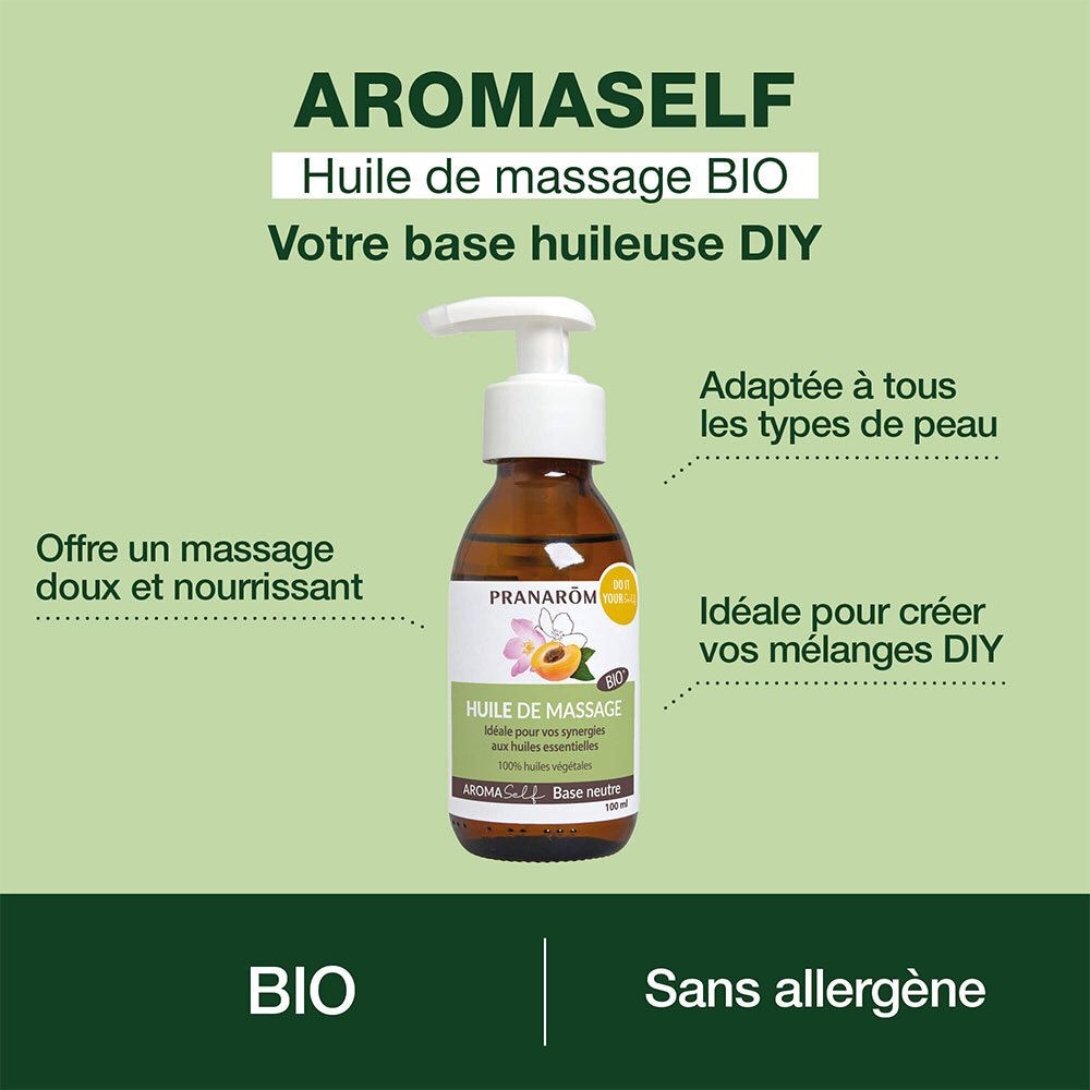 Image promotionnelle. Flacon brun avec pompe. Inscription: Aromaself, Huile de massage BIO. Fond vert.