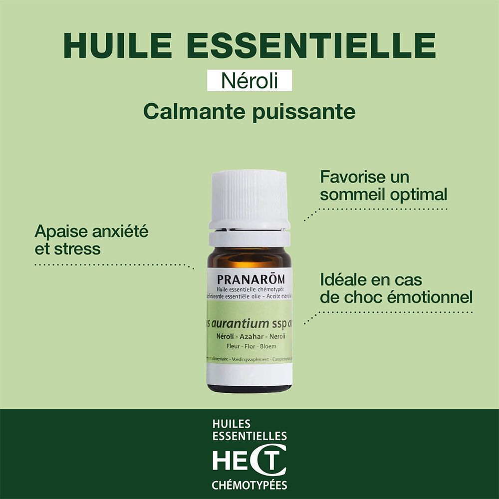 Flacon en verre brun avec bouchon blanc et étiquette. Nom du produit et ingrédients.