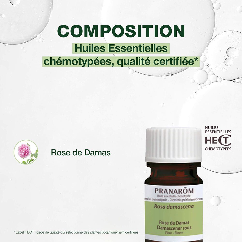 Flacon devant fond vert. Texte: COMPOSITION, Huiles Essentielles chémotypées, qualité certifiée.