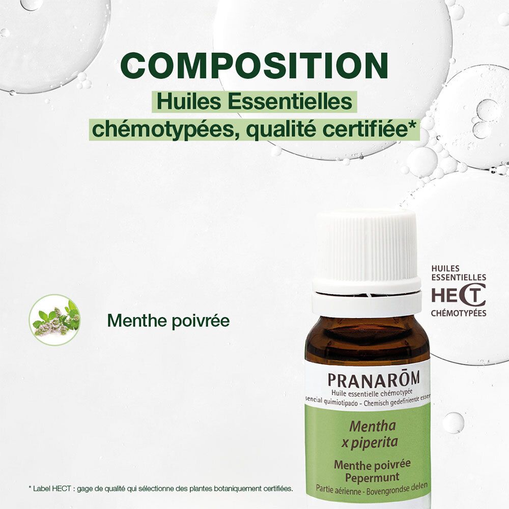 Flacon en verre brun, bouchon blanc. Étiquette avec nom et marque. 5ml. Numéro de lot.