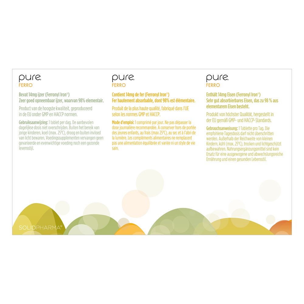 Deux boîtes pure ® ferro. Texte et illustrations colorées. Flèches pointant vers le texte.