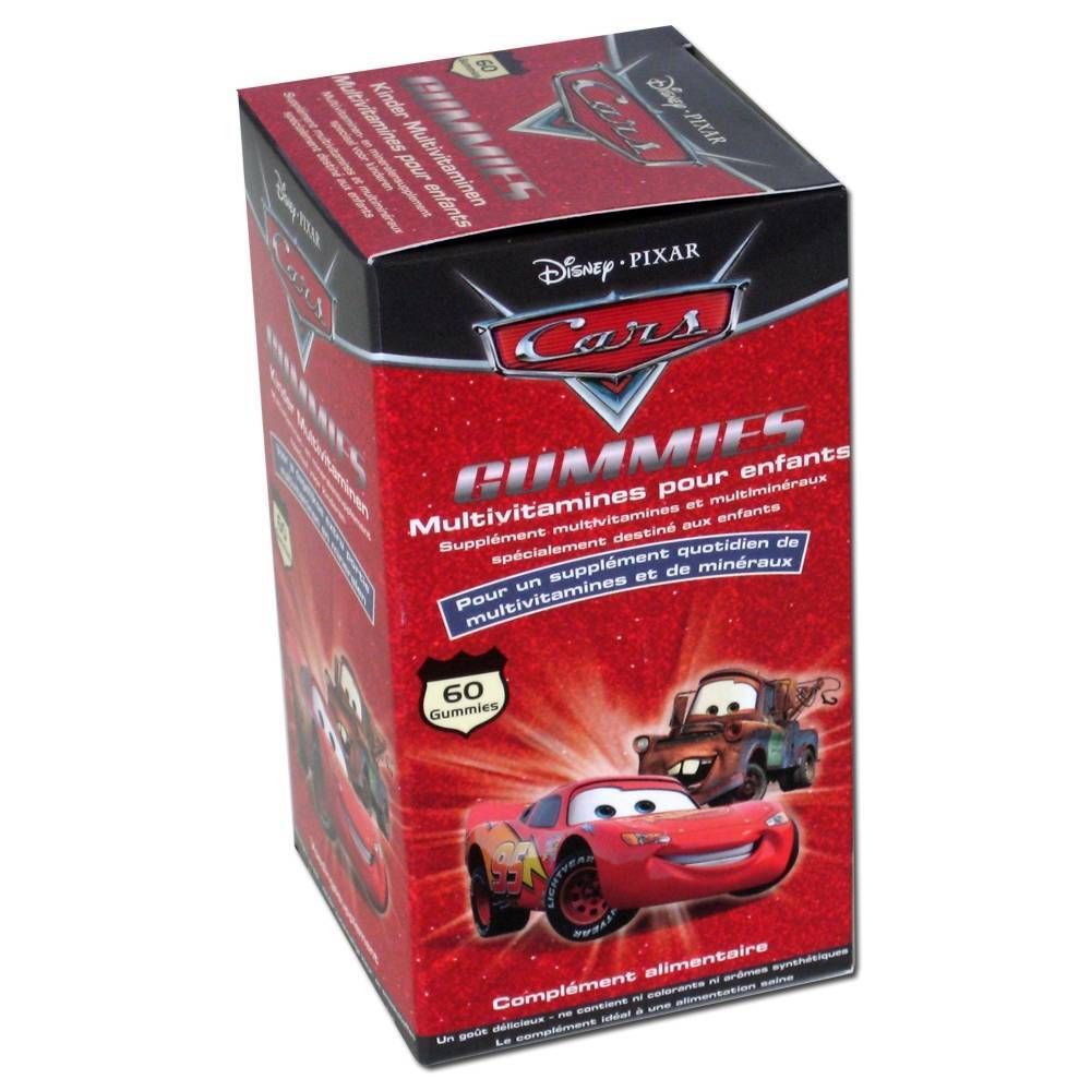Boîte de multivitamines Disney Cars. Rouge, logo Cars, 60 gommes. Inscription: Multivitamines pour enfants.